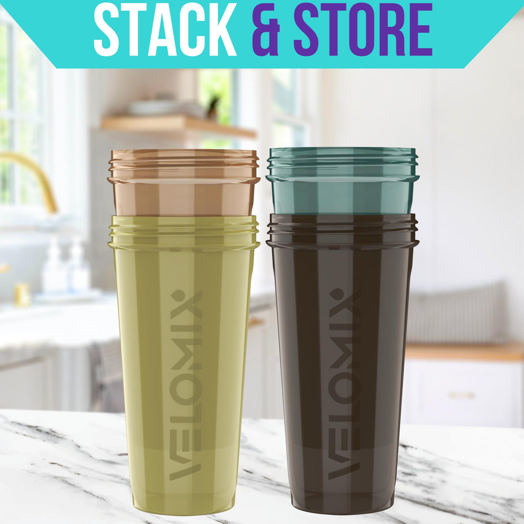 VELOMIX -4 PACK- 28 oz Protein Shaker Bottle for Protein Mixes - 4x Wire Whisk | Leak Proof Shaker Cups for Protein Shakes | Protein Shaker Bottle Pack | Protein Shake Cup (Brown)