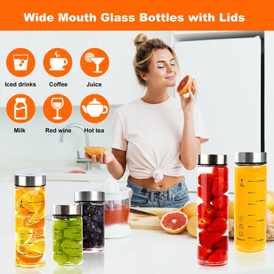 Glass Juice Bottles 4 Pack 20 oz - Wide Mouth Glass Water Bottles with Lids - for Juicing, Protein, Smoothie, Milk, Reusable, BPA Free, Stainless Steel Lids, Blender, Shaker Bottle (20oz/600ml)