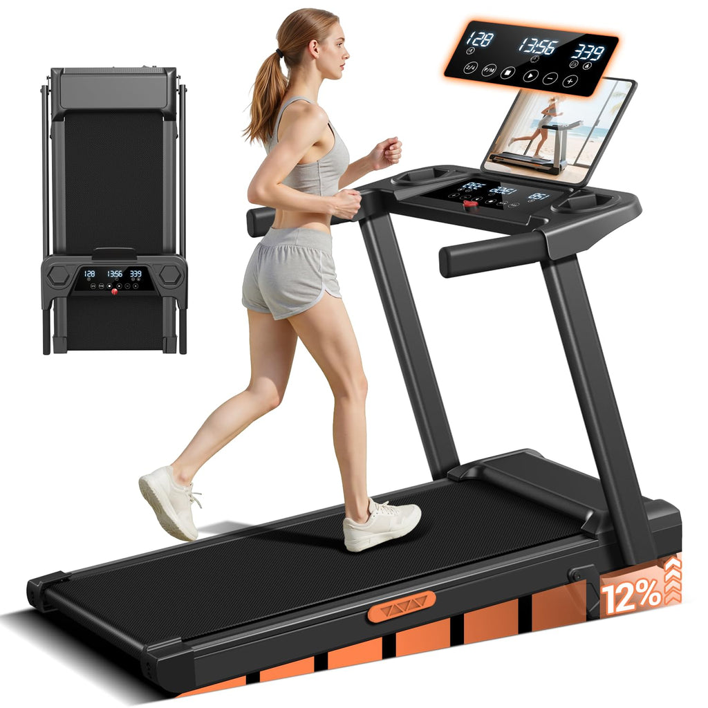 12% Incline Treadmill with Handle, 3-in-1 Portable Treadmills for Home and Office, Foldable Treadmills with 300 Lbs Weight Capacity, 3.0HP Quiet Walking Pad Treadmill, Three Touch Screen