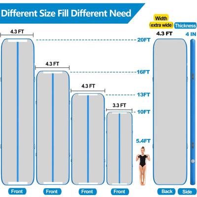 13ft/16ft/20ft Inflatable Air Gymnastics Mat Training Mats 4.3ft Widening 4 inches Thickness Gymnastics Tracks with Electric Air Pump for Home Use/Training/Cheerleading/Yoga/Water