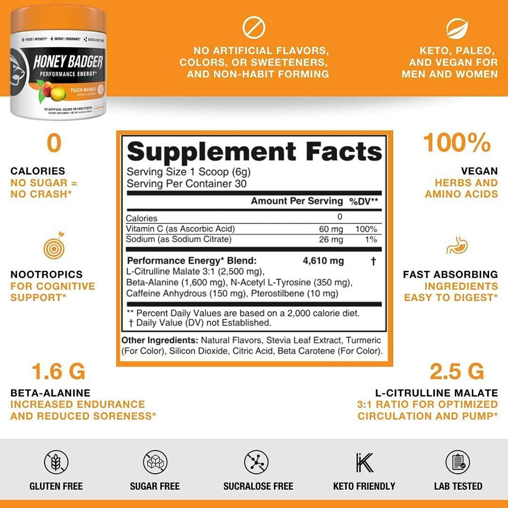 Honey Badger Vegan Keto Pre Workout and BCAA | Peach Mango | Natural Paleo Sugar Free Pump Energy Supplement Nootropics Amino Acids Nitric Oxide Sucralose Free + Non-Habit Forming | 30 Servings