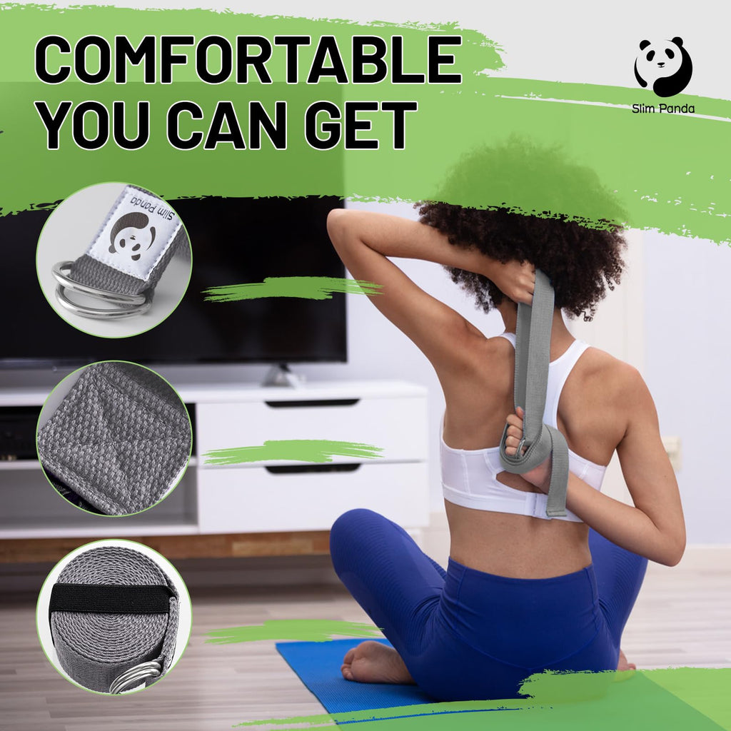 Slim Panda Yoga Strap for Stretching,Cotton Yoga Strap with Adjustable D-Ring Buckle,Non-Elastic Yoga Belt for Pilates,Gym Workouts,Physical Therapy,Improve Flexibility