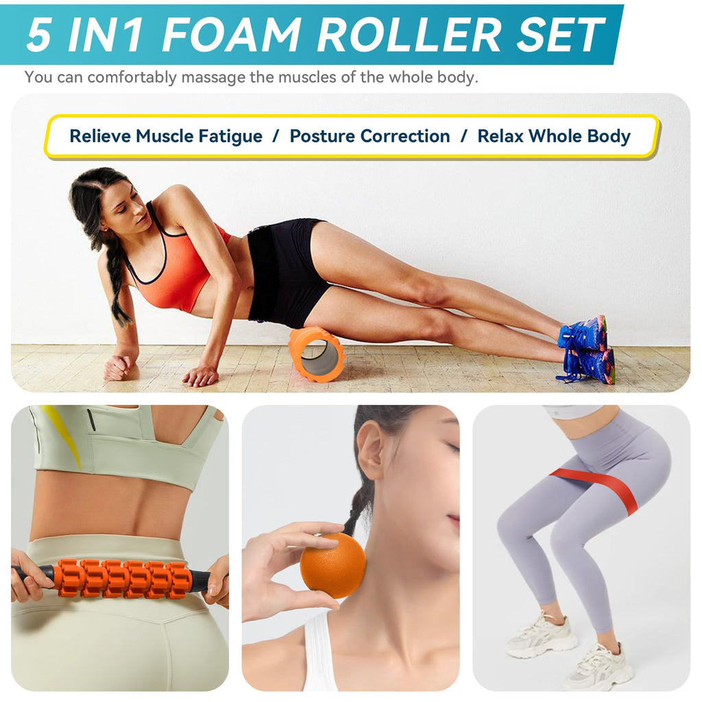 5 in1 Foam Roller Set for Deep Tissue Muscle Massage, High Density Fitness Exercise Foam Roller, Massage Roller, Massage Ball, Resistance Band, for Whole Body (Black)