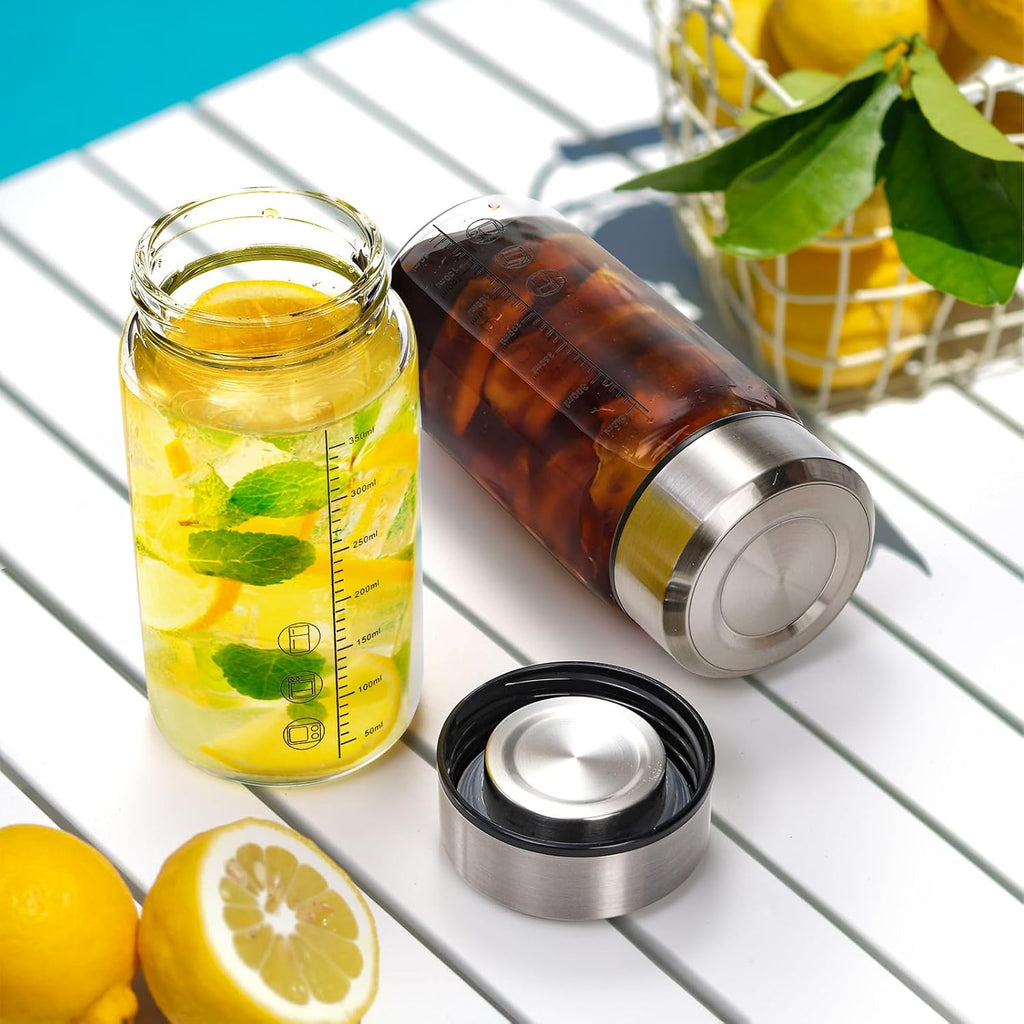 2 Pack Glass Bottles with Lids, 12 Oz Wide Mouth Shaker Bottle with Sleeve, Leakproof Glass Mixing Sports Drinking Bottles for Protein Mixs, Juice, Vitamin