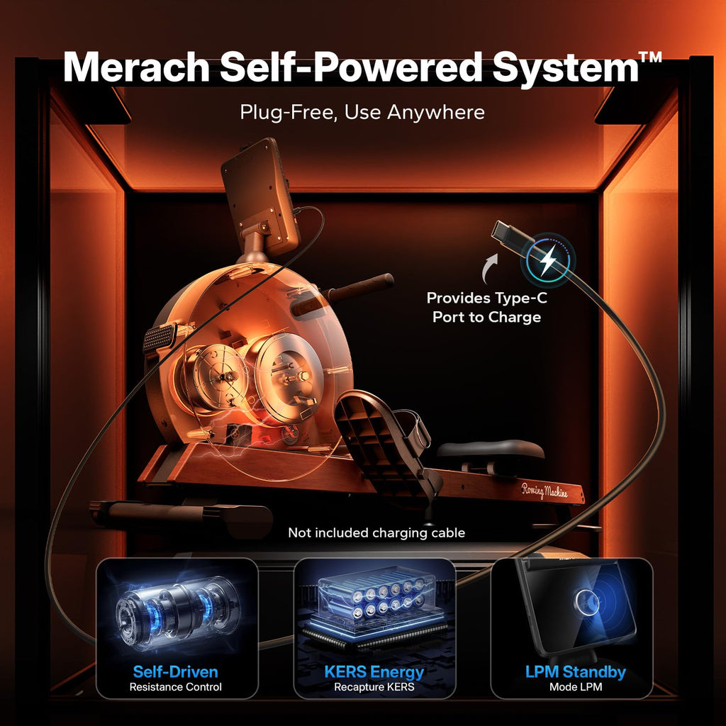 MERACH Pro-Grade Rowing Machines for Home, Smart Magnetic Rowing Machine with Self-Generation, Double Resistance and 400 LBS MAX Load, Wooden Tracks for Silent Sliding, MERACH App 1000+ Course & Games