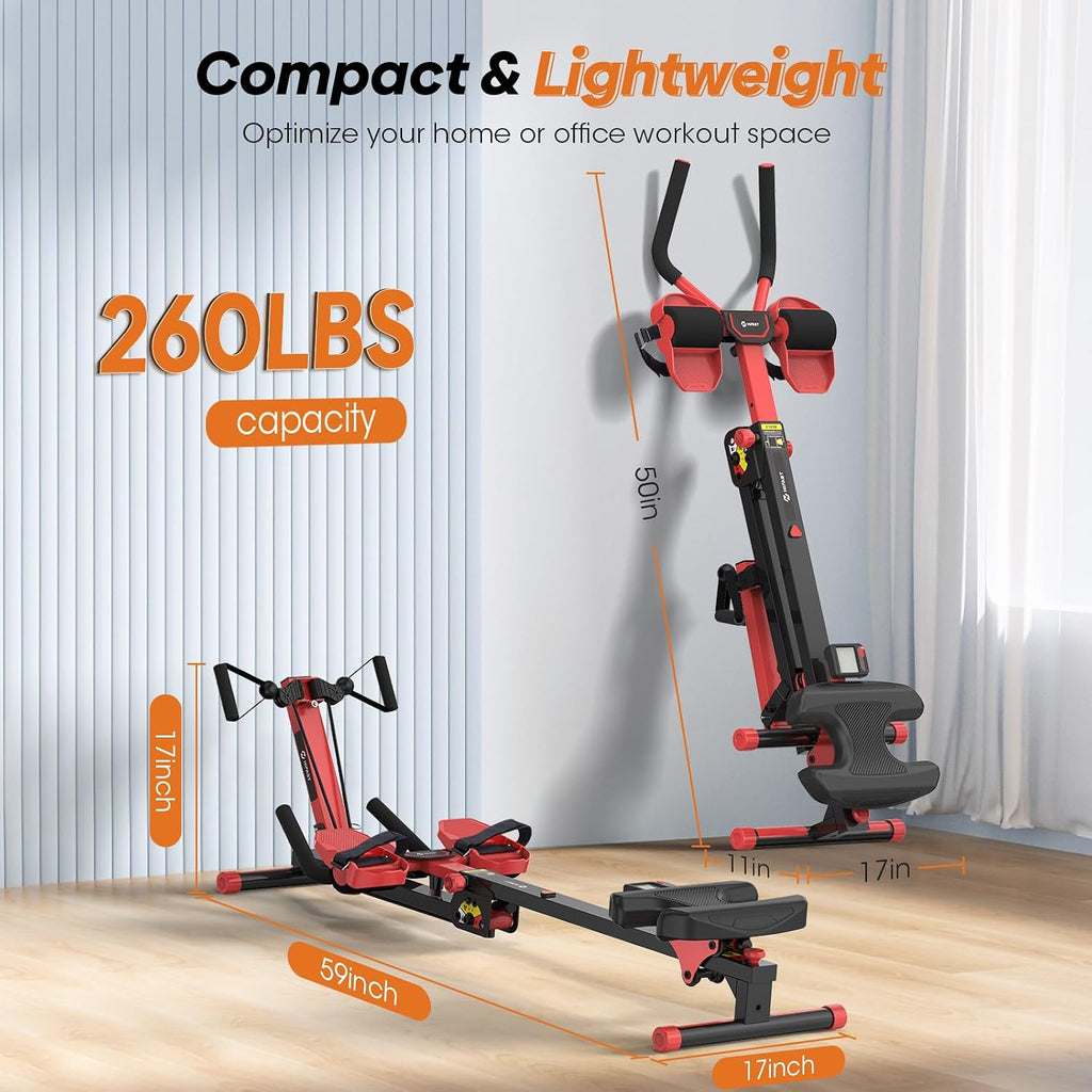 Rowing Machine, 4 in 1 Rowing and Ab Machine with 2 Levels of Workout Resistance, Quiet & Foldable Rower Machine with 3 Adjustable Handle Heights & LCD Monitor, Row Machine for Home Exercise