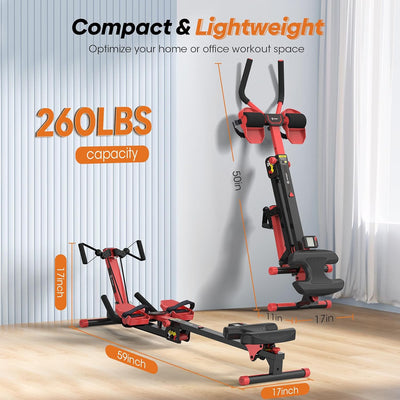 Rowing Machine, 4 in 1 Rowing and Ab Machine with 2 Levels of Workout Resistance, Quiet & Foldable Rower Machine with 3 Adjustable Handle Heights & LCD Monitor, Row Machine for Home Exercise