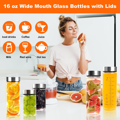 Glass Juice Bottles 4 Pack 20 oz - Wide Mouth Glass Water Bottles with Lids - for Juicing, Protein, Smoothie, Milk, Reusable, BPA Free, Stainless Steel Lids, Blender, Shaker Bottle (20oz/600ml)