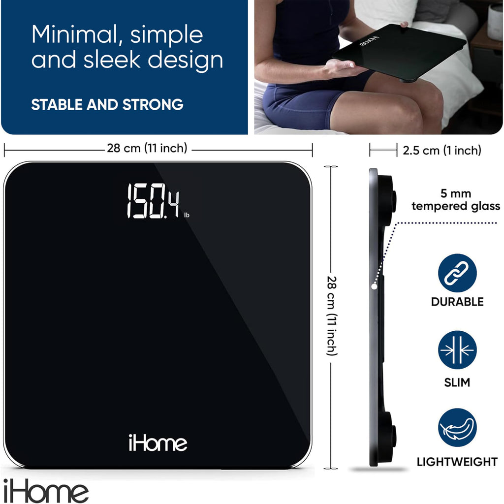 iHome Digital Bluetooth Smart Scale for Body Weight, Weight Scale, Including BMI, Body Fat, Muscle Mass, Batteries Included (Black Smart Bluetooth)