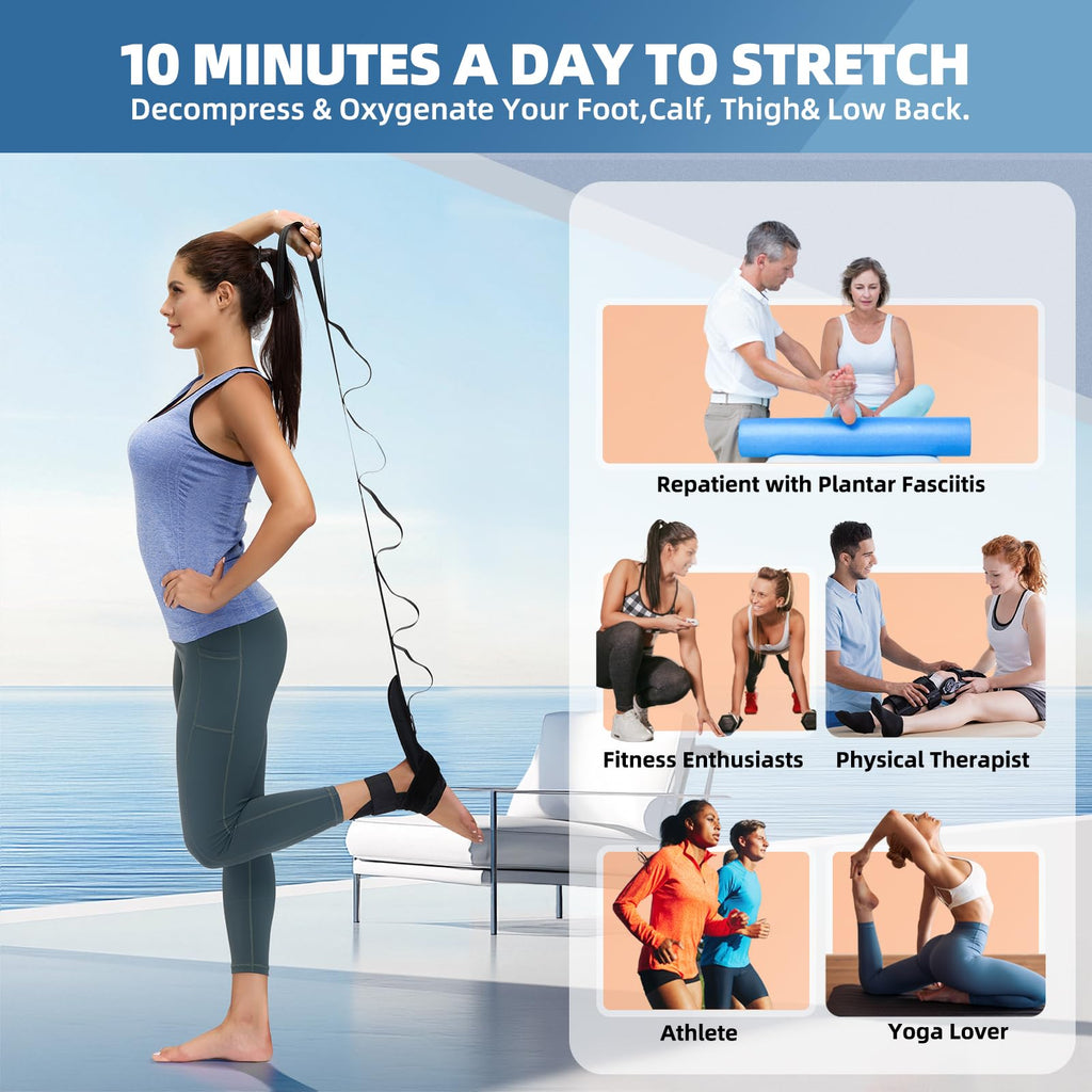 Foot and Calf Stretcher-Stretching Strap For Plantar Fasciitis, Heel Spurs, Foot Drop, Achilles Tendonitis & Hamstring. Yoga Foot & Leg Stretch Strap. (Black)