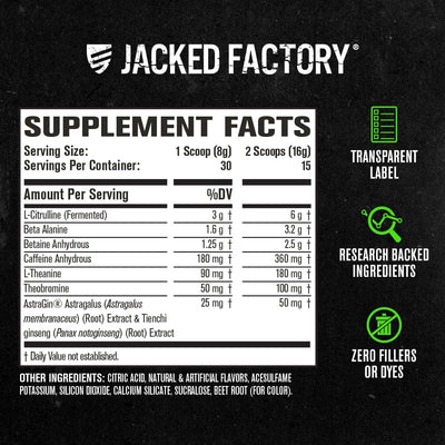 Jacked Factory NITROSURGE Pre Workout Supplement - Endless Energy, Instant Strength Gains, Clear Focus, Intense Pumps - NO Booster & Preworkout Powder with Beta Alanine - 30 Servings, Cherry Limeade