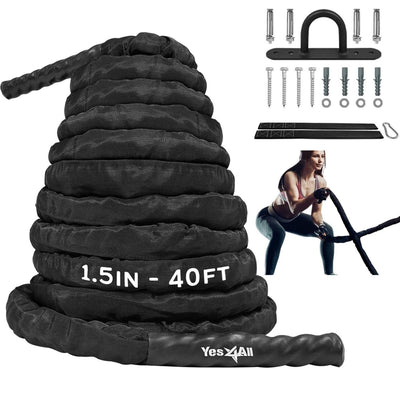 Yes4All Battle Ropes, Workout Rope with Cover, Steel Anchor & Strap Included, Heavy Ropes for Exercise Training - 1.5/2 Inch Diameter, 30, 40, 50 Ft Length
