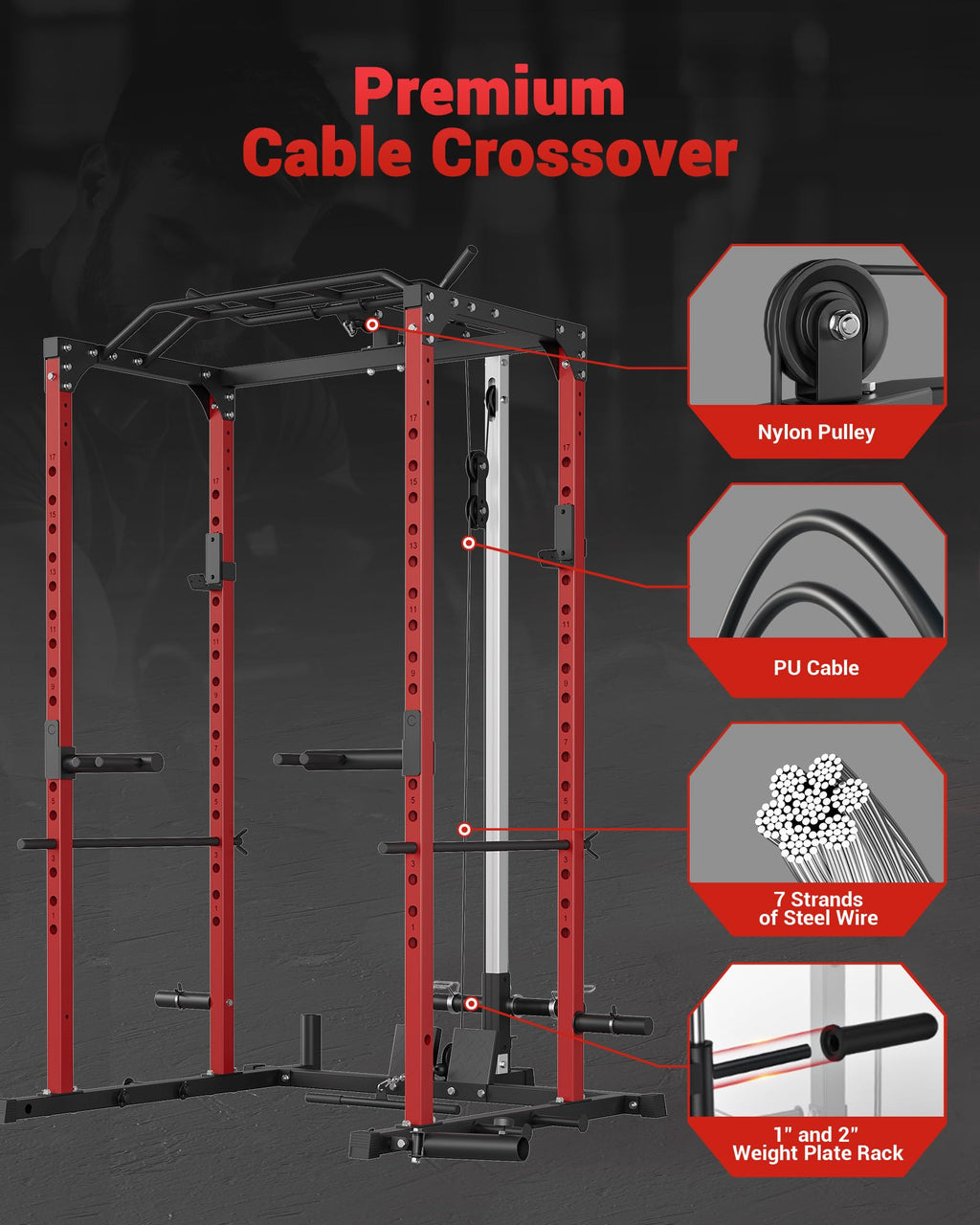 GarveeLife Power Cage, Power Racks for Home Gym with Pulley System, 1200 LBS Weight Capacity Multi-Functional Squat Rack for Strength Workout with More Training Attachment (Red D1002)
