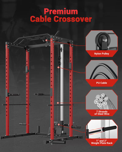 GarveeLife Power Cage, Power Racks for Home Gym with Pulley System, 1200 LBS Weight Capacity Multi-Functional Squat Rack for Strength Workout with More Training Attachment (Red D1002)