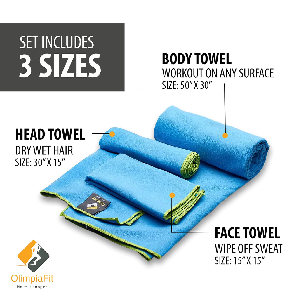 OlimpiaFit Quick Dry Towel - 3 Size Pack of Lightweight Microfiber Travel Towels w/Bag - Fast Drying Towel Set for Camping, Beach, Gym, Backpacking, Sports, Yoga & Swim Use