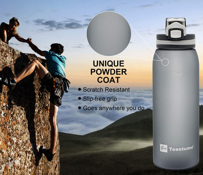 30oz Sport Water Bottle with Time Markers, Large Durable Gym Plastic Bottle Tritan BPA Free for Fitness, Outdoor Enthusiasts, Leakproof Gray (Pack of 1)