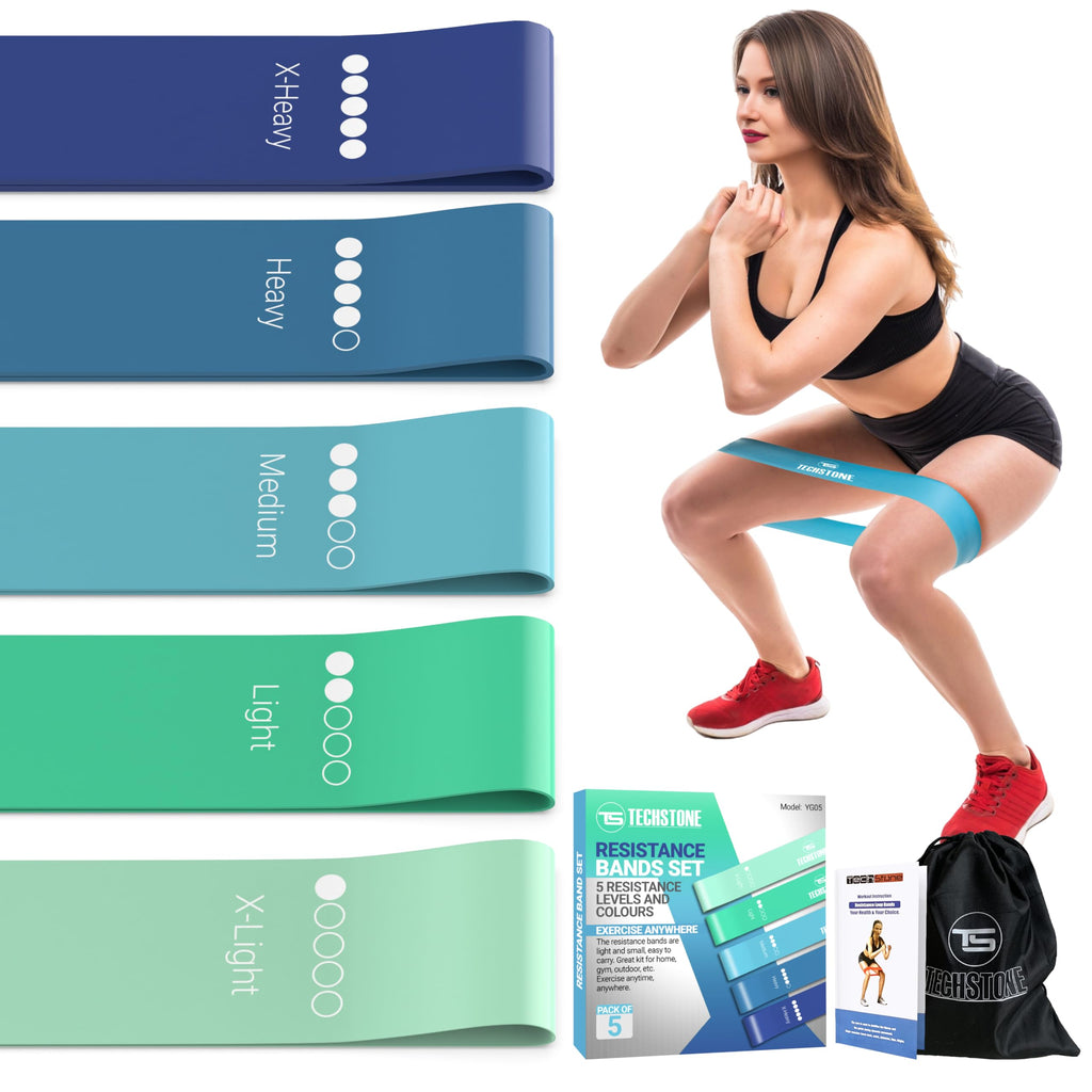 TechStone Resistance Bands Set for Men and Women, Pack of 5 Different Levels Elastic Band for Home Gym Long Exercise Workout – Great Fitness Equipment for Training, Yoga – Free Carrying Bag