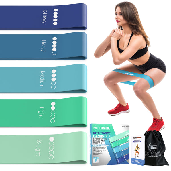 TechStone Resistance Bands Set for Men and Women, Pack of 5 Different Levels Elastic Band for Home Gym Long Exercise Workout – Great Fitness Equipment for Training, Yoga – Free Carrying Bag