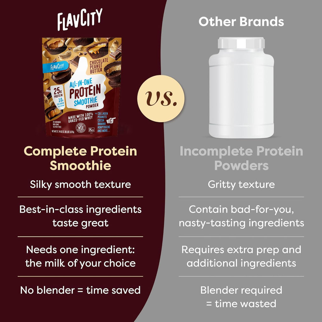 FlavCity Grass Fed Whey Chocolate Protein Powder - Chocolate Peanut Butter - 25g Protein & 10g Collagen - Made with Organic Cocoa & Coconut Milk - Gluten Free & No Added Sugars (20 Servings)