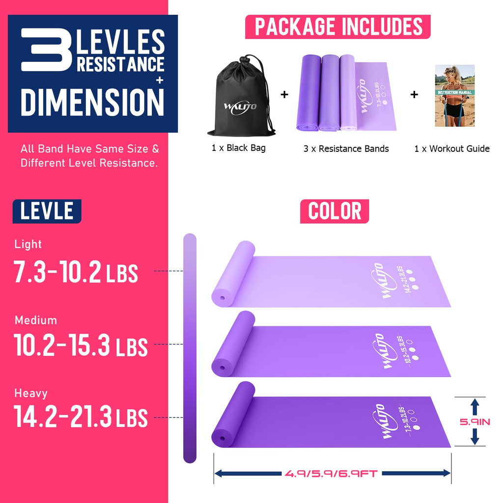 WALITO Resistance Bands for Working Out, Exercise Bands for Women and Men, Workout Bands for Physical Therapy, Stretch, Recovery, Pilates, Rehab, Strength Training and Home Gym