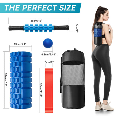 5 in1 Foam Roller Set for Deep Tissue Muscle Massage, High Density Fitness Exercise Foam Roller, Massage Roller, Massage Ball, Resistance Band, for Whole Body (Black)