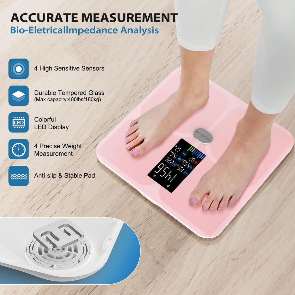 ABLEGRID Body Fat Scale,Digital Smart Bathroom Scale for Body Weight, Large Color Display Screen, 16 Body Composition Metrics BMI, Water Weigh, Heart Rate, Baby Mode, 400lb, Rechargeable