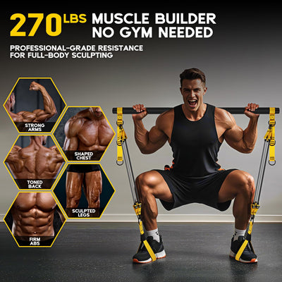 Pilates Equipment, Portable Pilates Bar Kit with Resistance Bands, Professional Adjustable Heavy Duty Squat Workout Equipment for Men, Home Gym Muscle Strength Training, Full Body Exercise