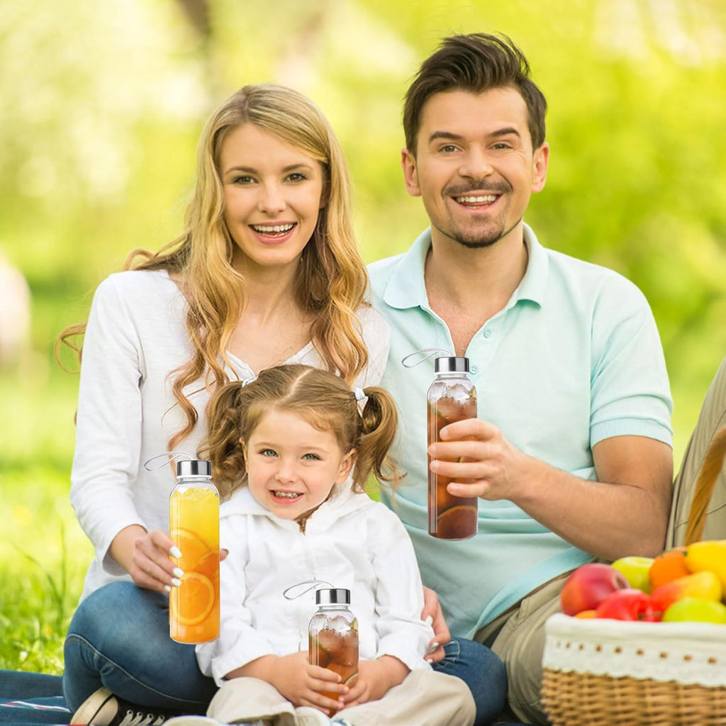 3 Packs Glass Water Bottles with Lid Clear Juice Bottles Reusable Bottle with Stainless Steel Cap Glass Cups Liquid Storage Containers for Juicing Beverage Refrigerator Travel-17oz