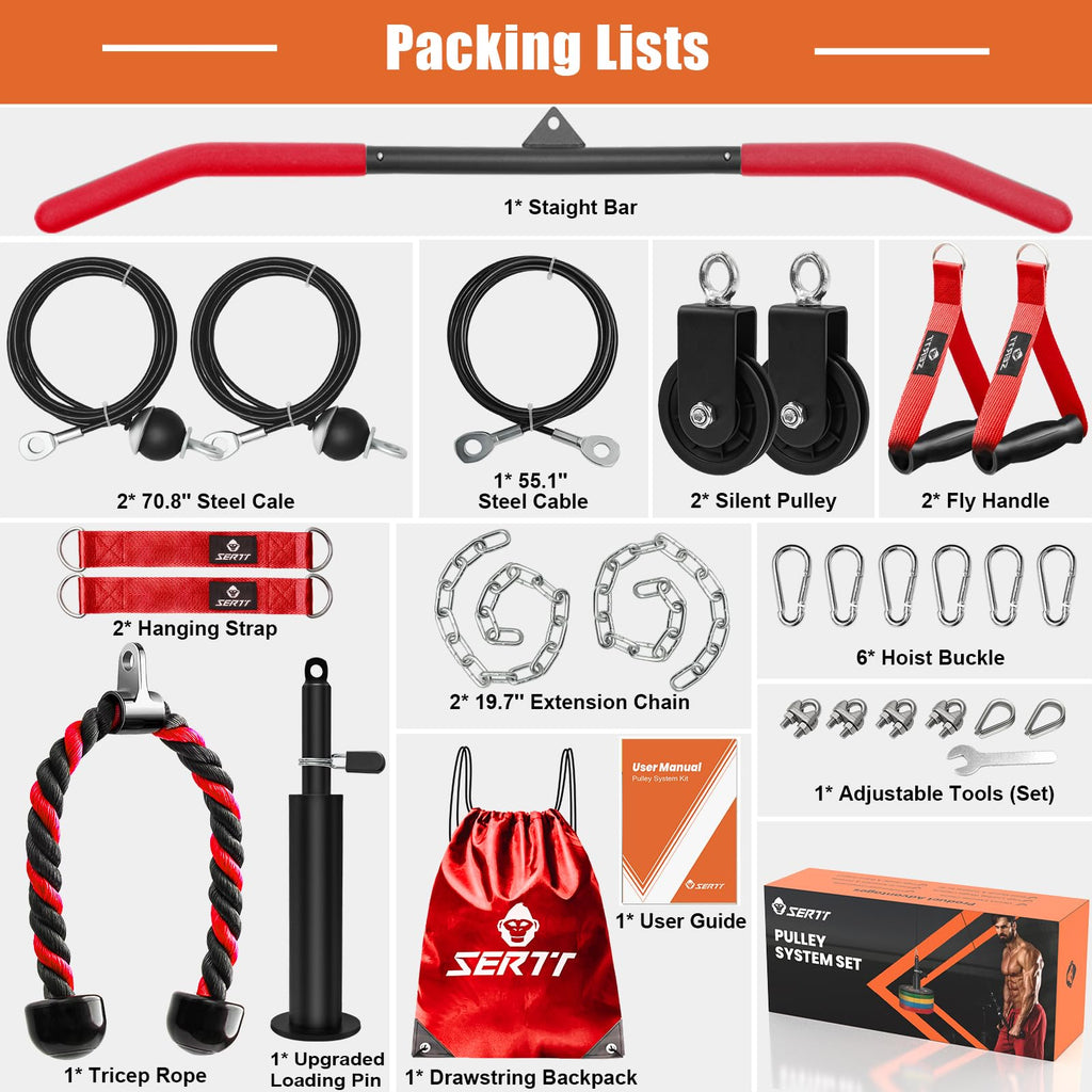 SERTT Home Gym Pulley System - Tricep Workout, Lat Pulldown, Biceps Curl, Triceps, Shoulders, Back, Forearm, Weight Cable for Squat Rack, Garage