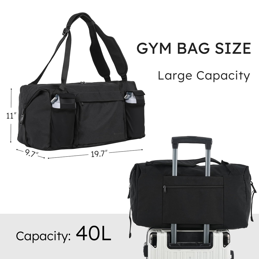 Gym Bag for Men with 2 Upgraded Bottle Holders Convertible Duffle Bag and Gym Backpack Waterproof Sports Bags with Shoes Compartment and Wet Pocket - Black