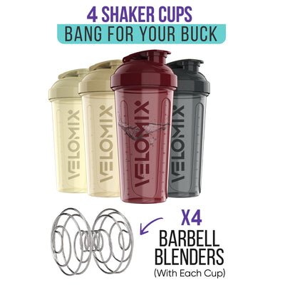VELOMIX -4 PACK- 28 oz Protein Shaker Bottle for Protein Mixes - 4x Wire Whisk | Leak Proof Shaker Cups for Protein Shakes | Protein Shaker Bottle Pack | Protein Shake Cup (Brown)