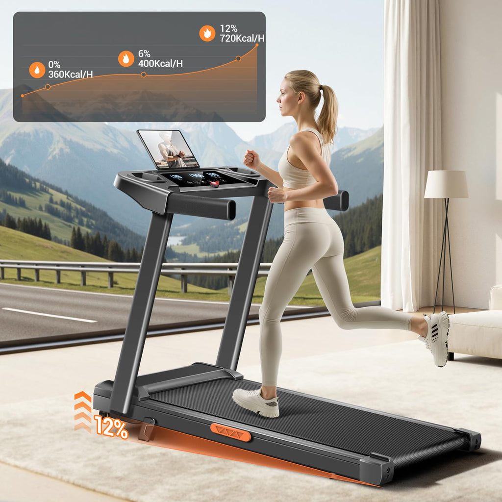 12% Incline Treadmill with Handle, 3-in-1 Portable Treadmills for Home and Office, Foldable Treadmills with 300 Lbs Weight Capacity, 3.0HP Quiet Walking Pad Treadmill, Three Touch Screen