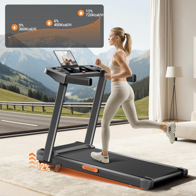 12% Incline Treadmill with Handle, 3-in-1 Portable Treadmills for Home and Office, Foldable Treadmills with 300 Lbs Weight Capacity, 3.0HP Quiet Walking Pad Treadmill, Three Touch Screen