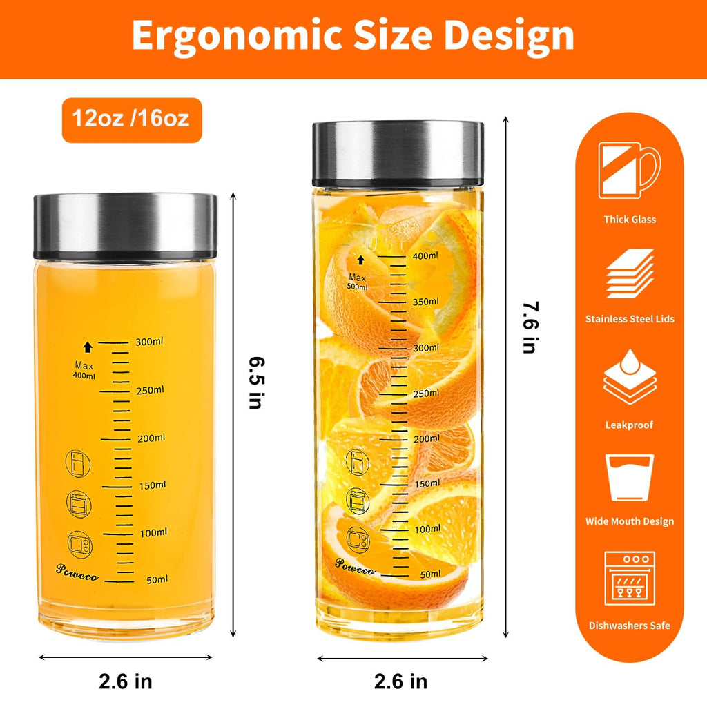 Glass Juice Bottles 4 Pack 20 oz - Wide Mouth Glass Water Bottles with Lids - for Juicing, Protein, Smoothie, Milk, Reusable, BPA Free, Stainless Steel Lids, Blender, Shaker Bottle (20oz/600ml)