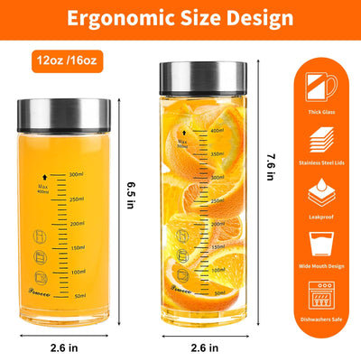 Glass Juice Bottles 4 Pack 20 oz - Wide Mouth Glass Water Bottles with Lids - for Juicing, Protein, Smoothie, Milk, Reusable, BPA Free, Stainless Steel Lids, Blender, Shaker Bottle (20oz/600ml)