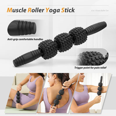 5 in1 Foam Roller Set, Trigger Point Foam Roller, Massage Roller Stick, Massage Ball, Resistance Band for Deep Muscle Massage Pilates Yoga,Fitness Exercise for Whole Body (Black-Red)