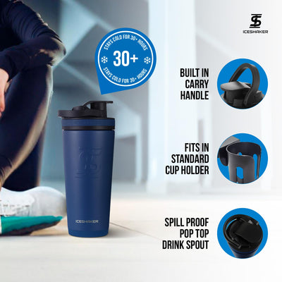 Ice Shaker Insulated Stainless Steel Shaker Bottle | 26oz, Navy/Mint | Cold for 30+ Hours | Insulated Cup with Twist-on Agitator | Odor-Free Bottle for Protein Shakes, Water, Smoothies, Cocktails