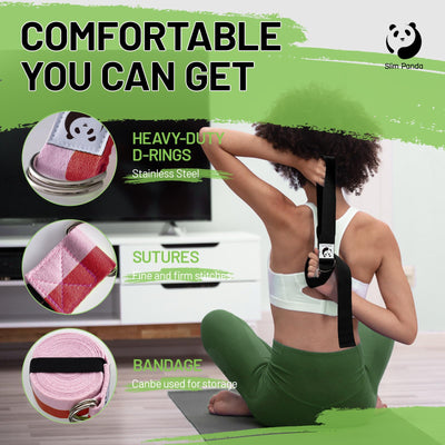 Slim Panda Yoga Strap for Stretching,Cotton Yoga Strap with Adjustable D-Ring Buckle,Non-Elastic Yoga Belt for Pilates,Gym Workouts,Physical Therapy,Improve Flexibility