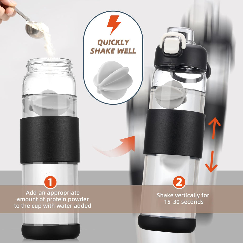 Glass Water Bottle for Protein Mixes 24 oz Protein Shaker Bottles with Whisk Ball Portable Leak Proof Shaker Blender for Fitness BPA Free