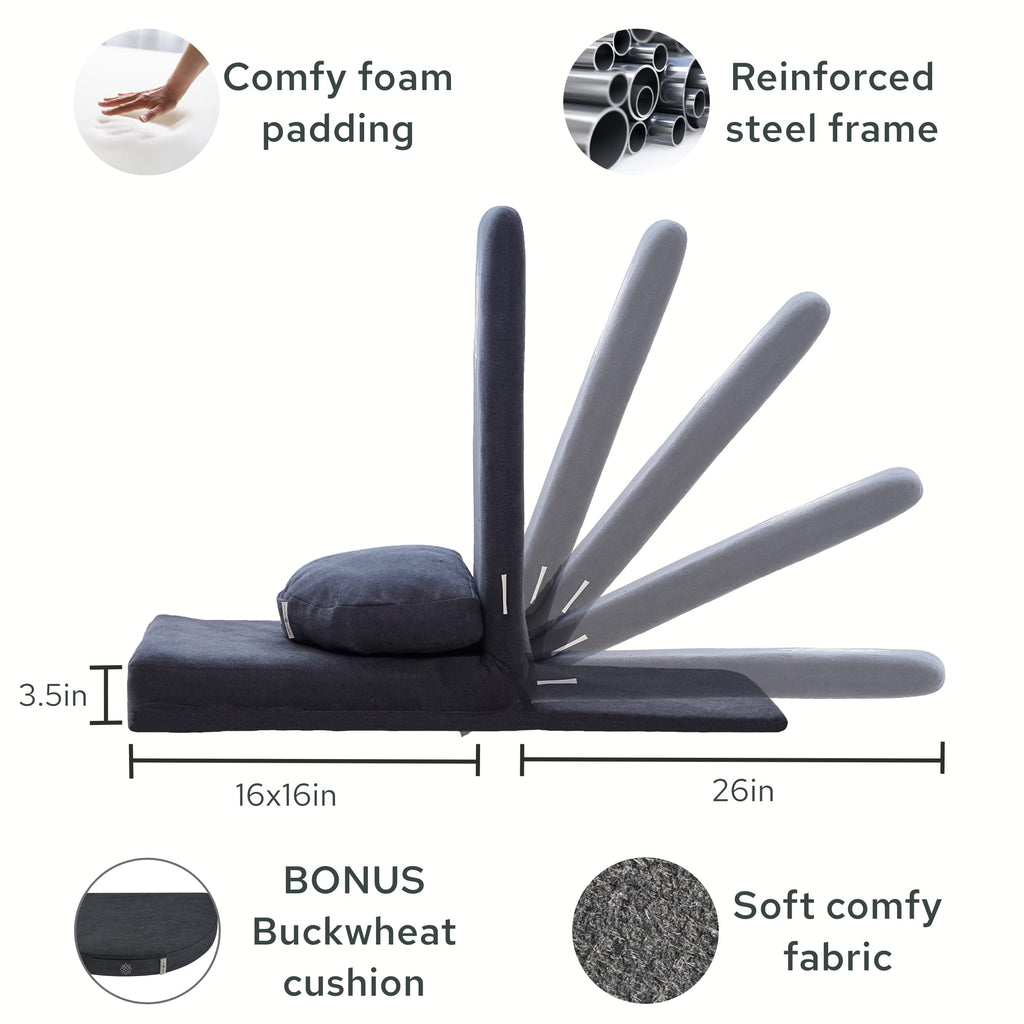 Mindful Modern Folding Pro Meditation Chair - Adjustable Meditation Seat with Back Support and Half Moon Buckwheat Meditation Cushion - Comfortable Mindfulness Living Room Floor Chair