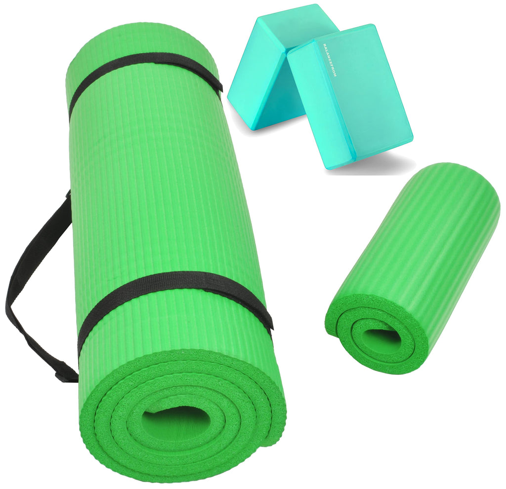 Fitvids All Purpose 1/2-Inch Extra Thick High Density Anti-Tear Exercise Yoga Mat and Knee Pad with Carrying Strap and Optional Yoga Blocks, Multiple