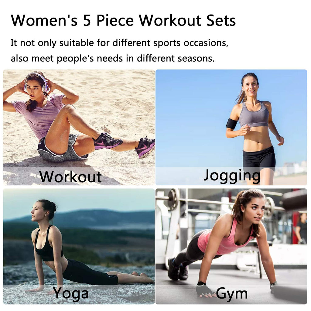 5pcs Workout Outfits for Women Athletic Sets Sport Suits Yoga Gym Fitness Exercise Clothes Jogging Tracksuits