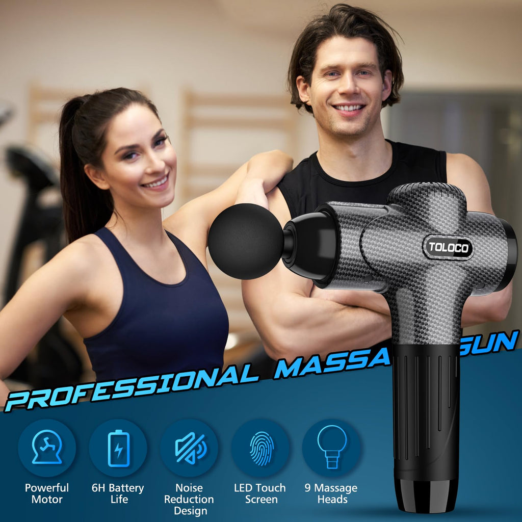 TOLOCO Massage Gun Deep Tissue, Percussion Massage Gun with 10 Replacement Heads, Super Quiet Portable Electric Massager for Athletes, Relax, Black