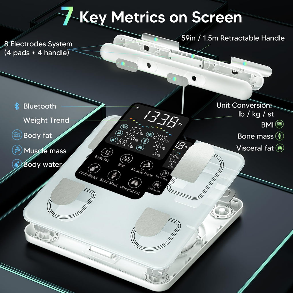 Arboleaf Scale for Body Weight, Smart Scale with BMI, Body Fat, Muscle Mass, 26 Metrics Full Body Composition Analyzer, 8-Electrode High Precision Digital Bathroom Scale, Bluetooth Sync, White