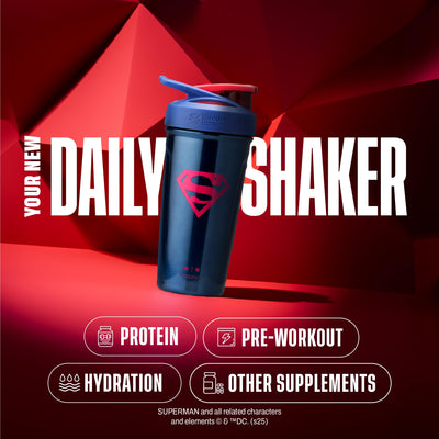 BlenderBottle Superman Strada Shaker Cup Insulated Stainless Steel Water Bottle with Wire Whisk, 24-Ounce, Man of Steel - Blue