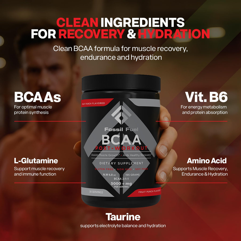 Fossil Fuel Sugar-Free BCAA Powder – Post-Workout Muscle Recovery with BCAAs, Glutamine, Vitamin B6, Amino Acids, Endurance & Hydration, Honeydew Watermelon (30 Servings)