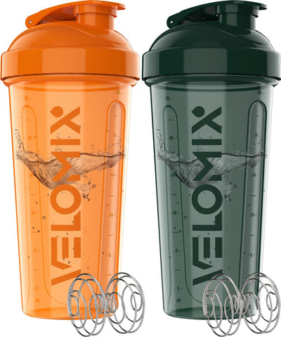 VELOMIX -2 Pack- 28 oz Protein Shaker Bottles for Protein Mixes - 2x Wire Whisk | Leak Proof Shaker Cups for Protein Shakes | Protein Shaker Bottle Pack (Black/Transparent)