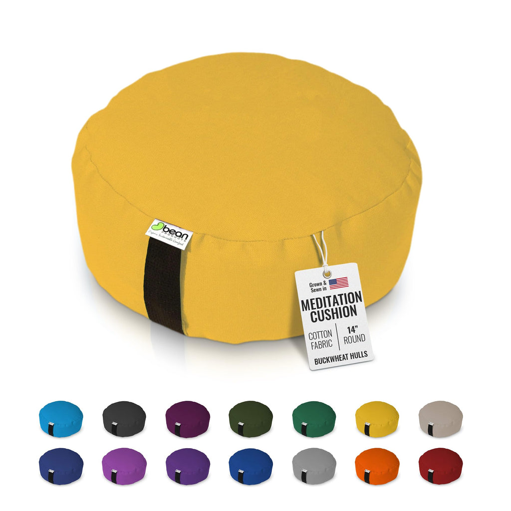 BEAN PRODUCTS Zafu Meditation Pillows for Sitting on Floor, Yoga Cushion, Cotton/Buckwheat fill Yoga Pillow, Zafu Meditation Cushion, Zen Kneeling Prayer Pad- MADE IN USA - 14" ROUND - SAFFRON