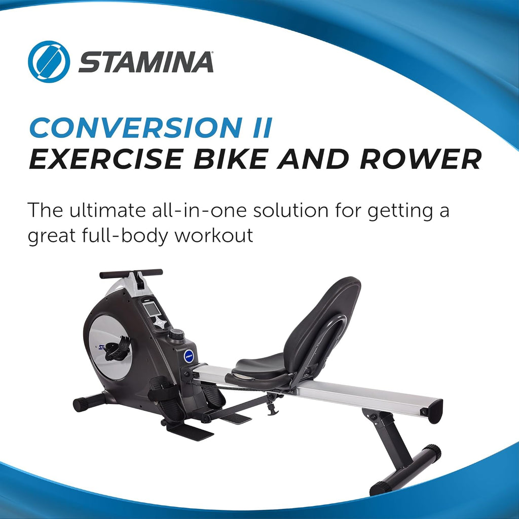 Stamina Conversion II Recumbent Exercise Bike and Rower - Cardio Machine with Smart Workout App - Exercise Bike for Home Workout - Up to 250 lbs Weight Capacity