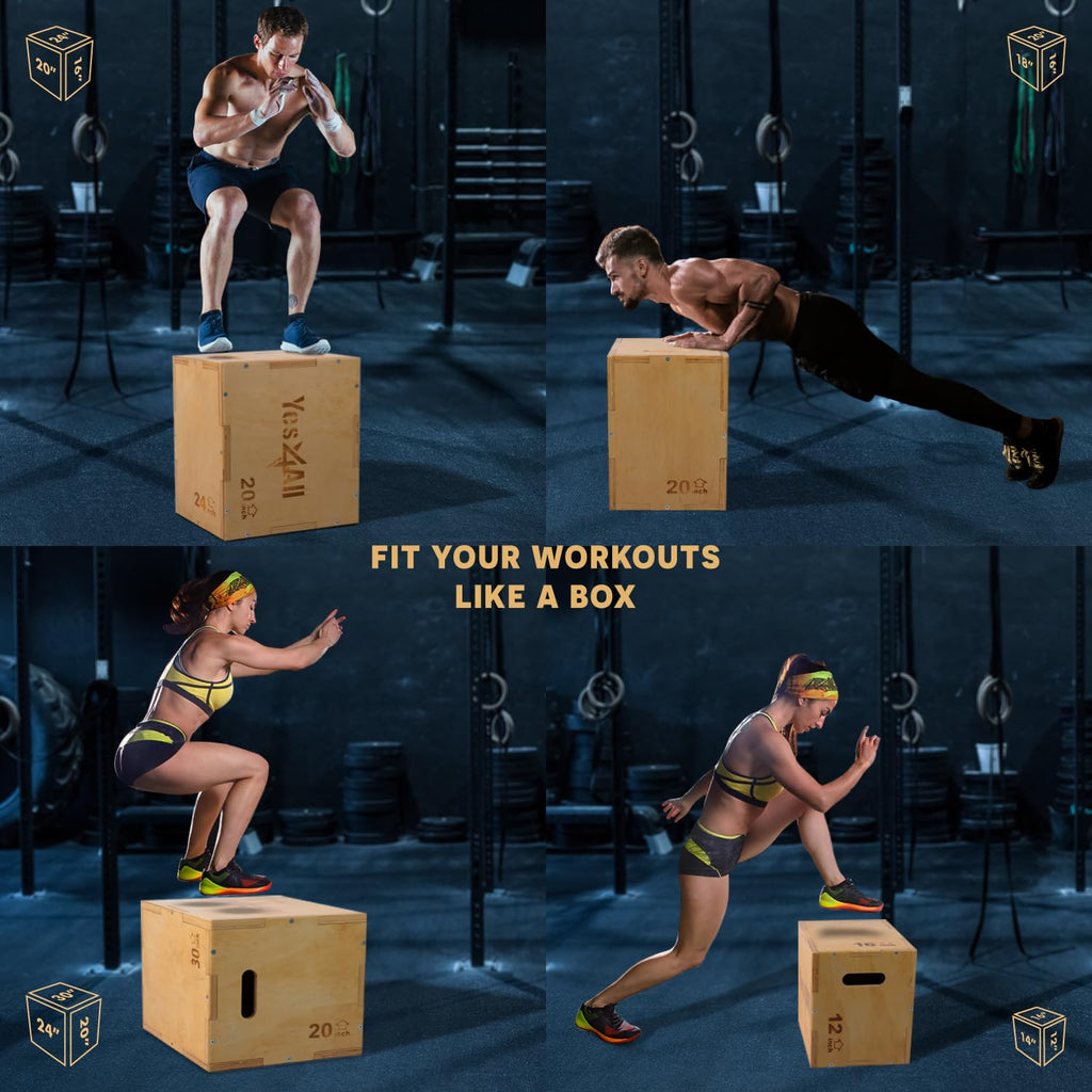 Yes4All Plyo Box, 3-in-1 Wooden Box Jumps for Home Gym, 450 lbs Boxes Step Up with Smooth Edges & Wide Built-in Handles for Jumping, Strength Training, Lunges, Squats, Dips
